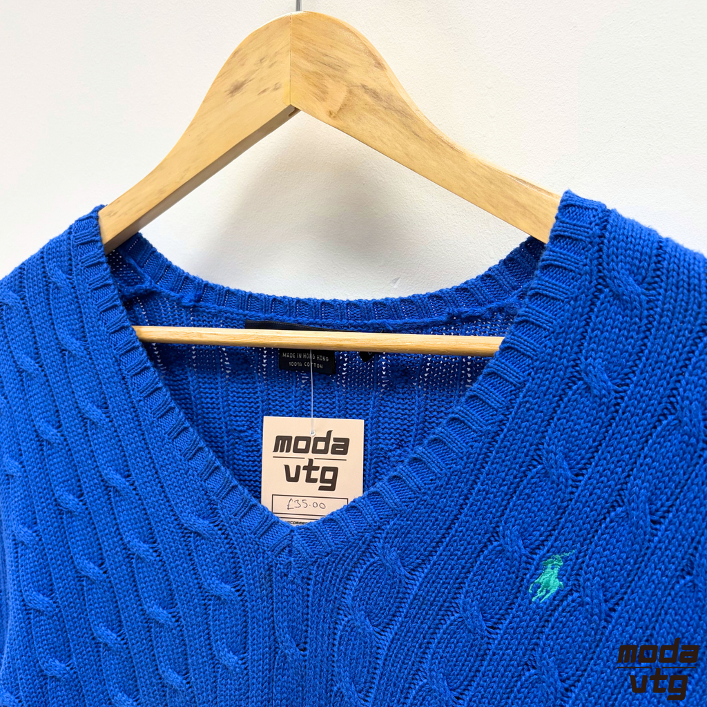 Vintage Y2K Ralph Lauren Knitted Jumper Blue Women’s Medium Cable V-Neck