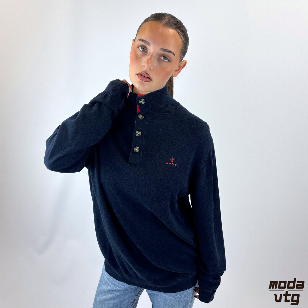 Vintage Y2K GANT Knitted Jumper Navy Large Buttoned High Neck