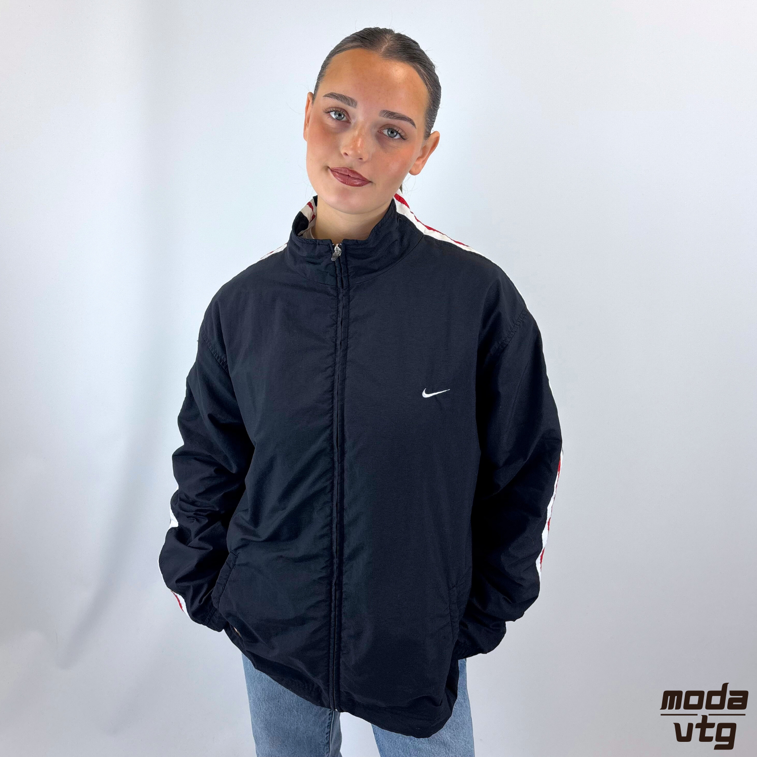 Vintage Y2K Nike Track Jacket Black Large Retro Silver Tag