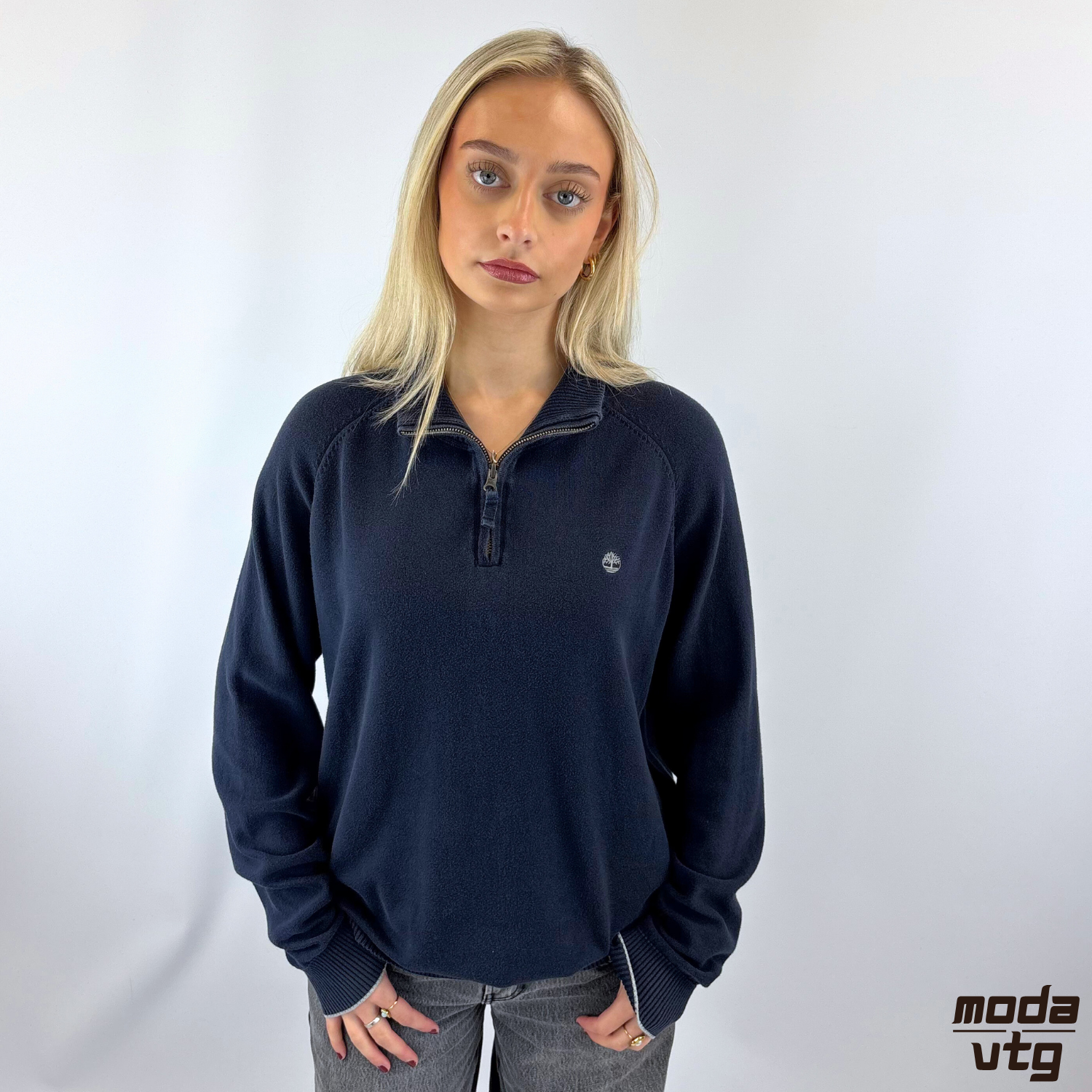 Vintage Y2K Timberland Knitted Jumper Navy Medium Quarter Zip