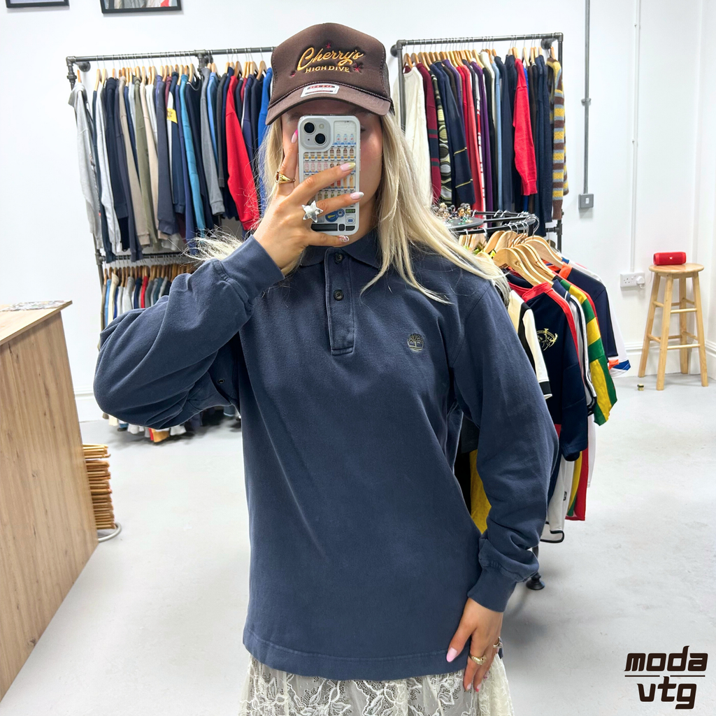 Vintage 90s Navy Timberland Polo Navy Medium Retro Long Sleeve