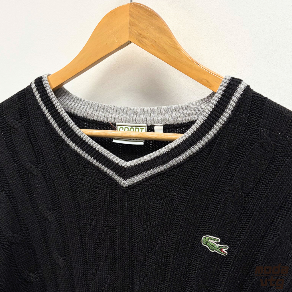 Vintage 90s Lacoste Sport Knitted Jumper Black Small Unisex Cable Retro