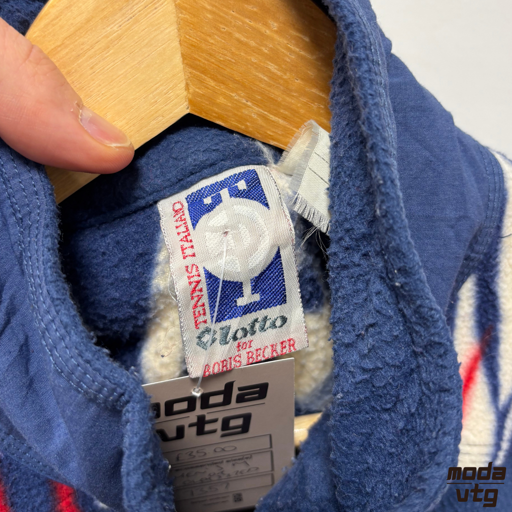 Vintage 90s Lotto Fleece Navy Medium Aztec For Boris Becker Funky Festival Wavy