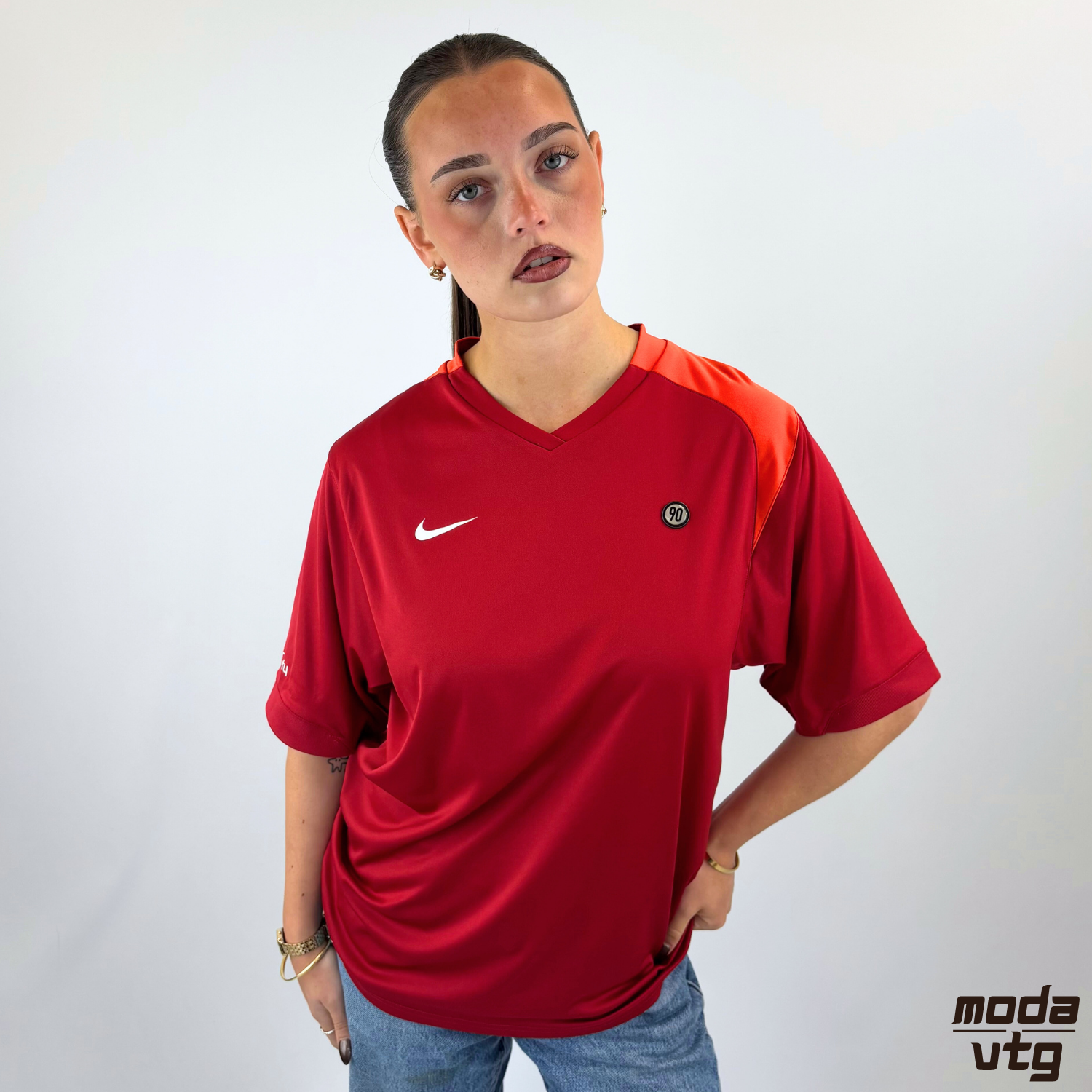 Vintage Y2K Nike T90 Sportswear T-Shirt Red Small Total 90 Gym Football