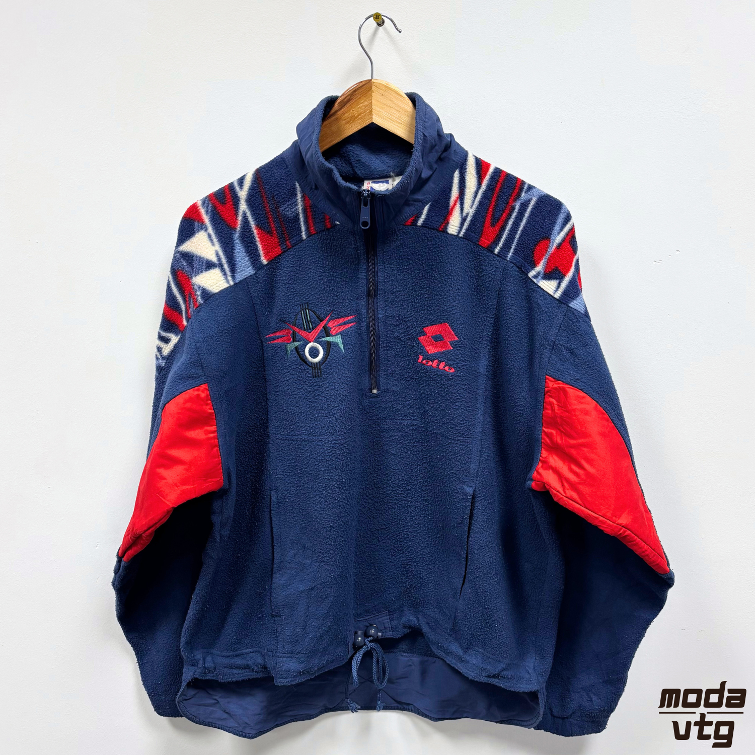 Vintage 90s Lotto Fleece Navy Medium Aztec For Boris Becker Funky Festival Wavy