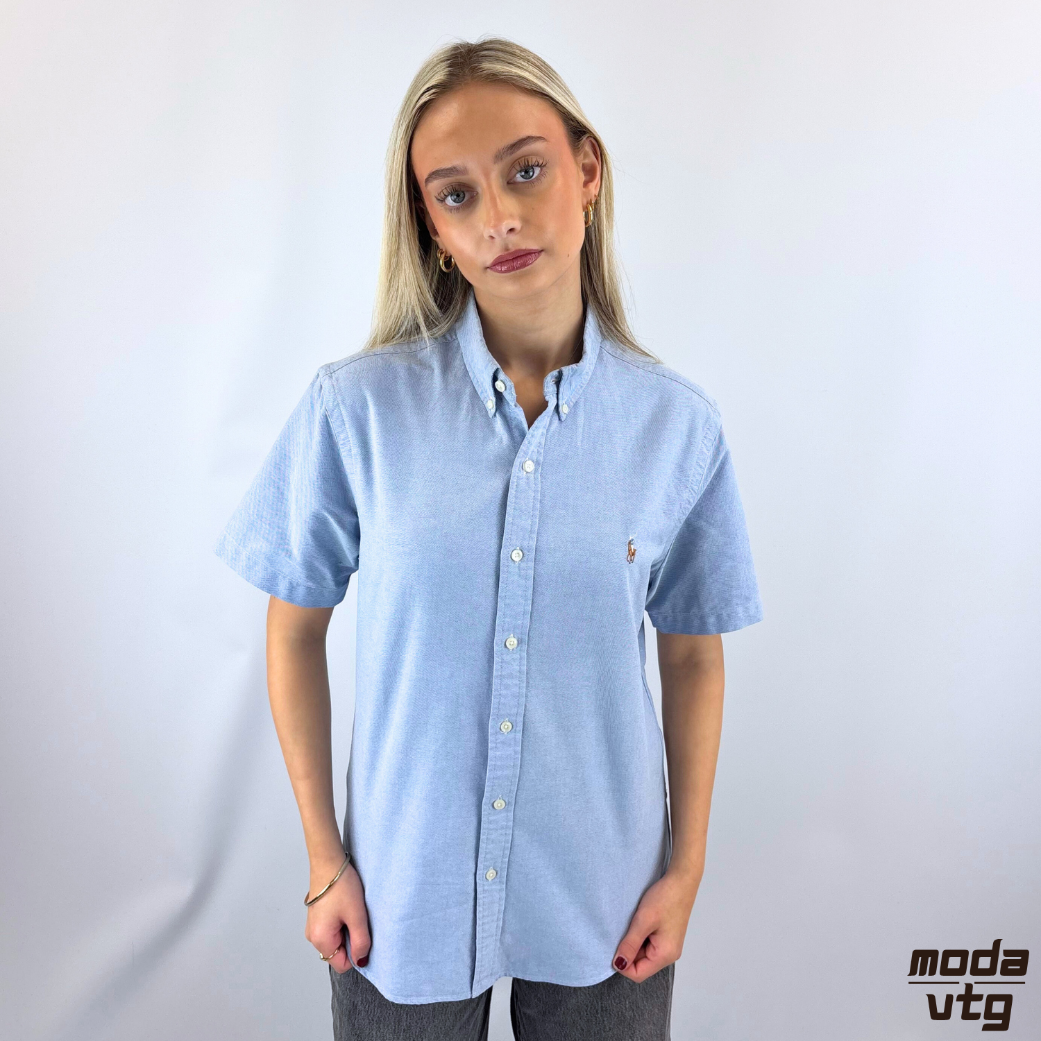 Vintage Y2K Ralph Lauren Blue Medium Short Sleeve Slim Fit Cotton