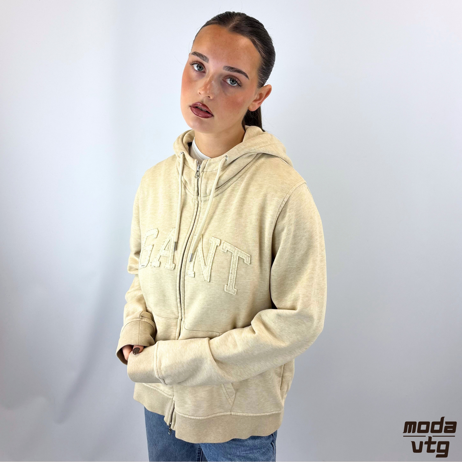 Vintage Y2K GANT Hoodie Beige Small Fill Zip