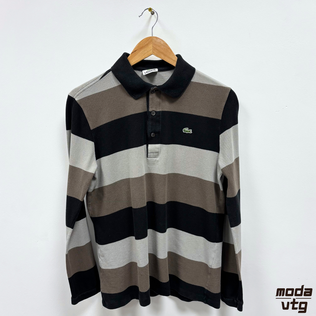 Vintage Y2K Lacoste Polo Brown Small Long Sleeve Striped Retro