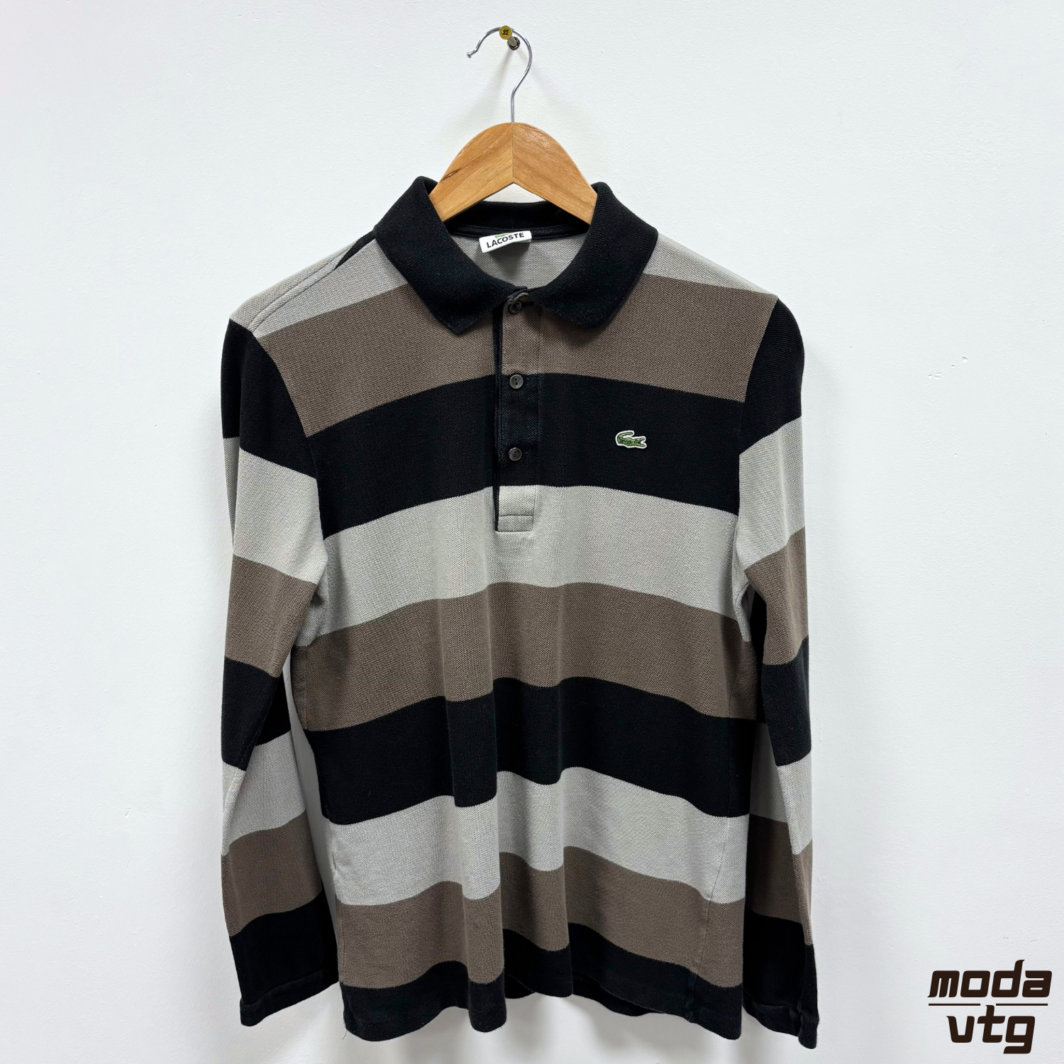 Vintage Y2K Lacoste Polo Brown Small Long Sleeve Striped Retro