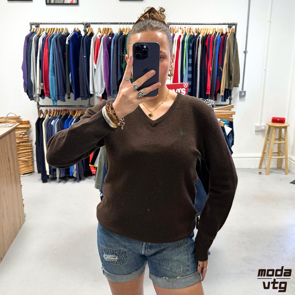 Vintage 90s Ralph Lauren Knitted Jumper Brown Small Unisex Retro Lambs Wool