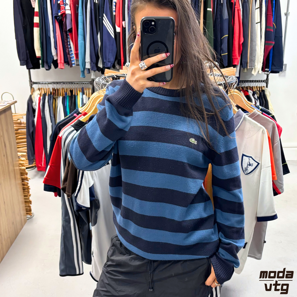 Vintage Y2K Lacoste Knitted Jumper Blue Medium Retro Unisex Striped