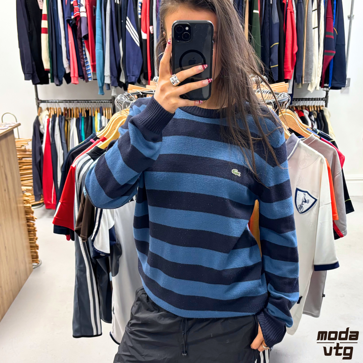 Vintage Y2K Lacoste Knitted Jumper Blue Medium Retro Unisex Striped