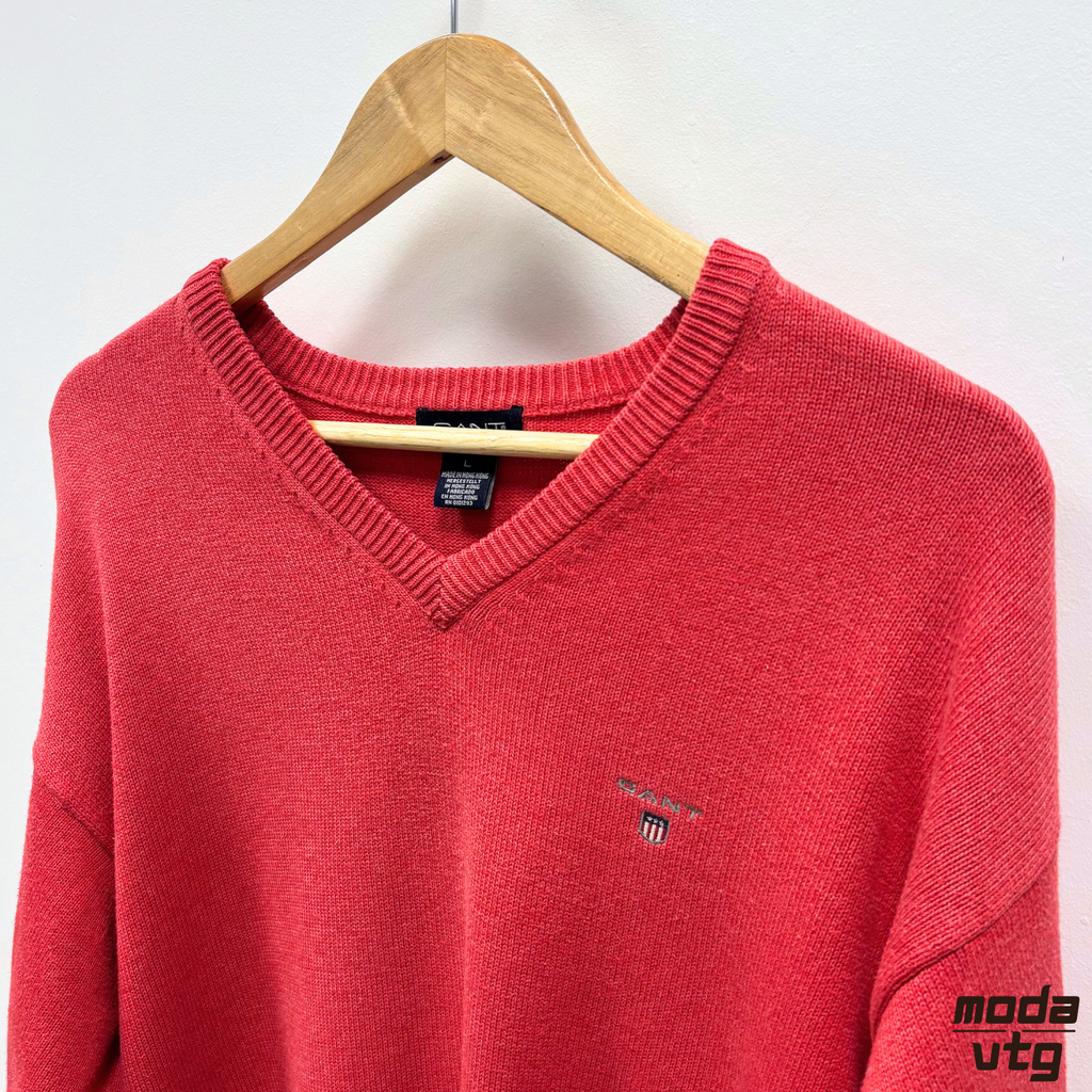 Vintage 90s GANT Knitted Jumper Red Large V Neck