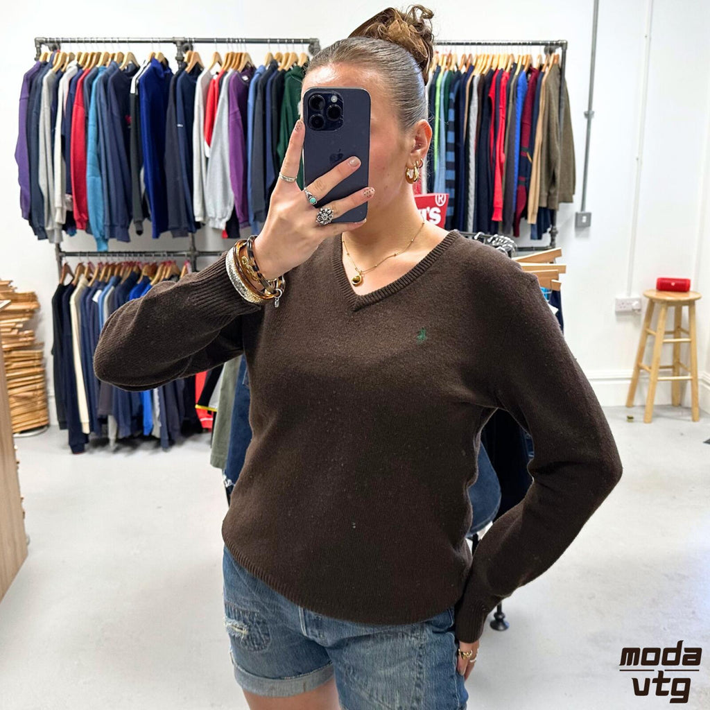 Vintage 90s Ralph Lauren Knitted Jumper Brown Small Unisex Retro Lambs Wool