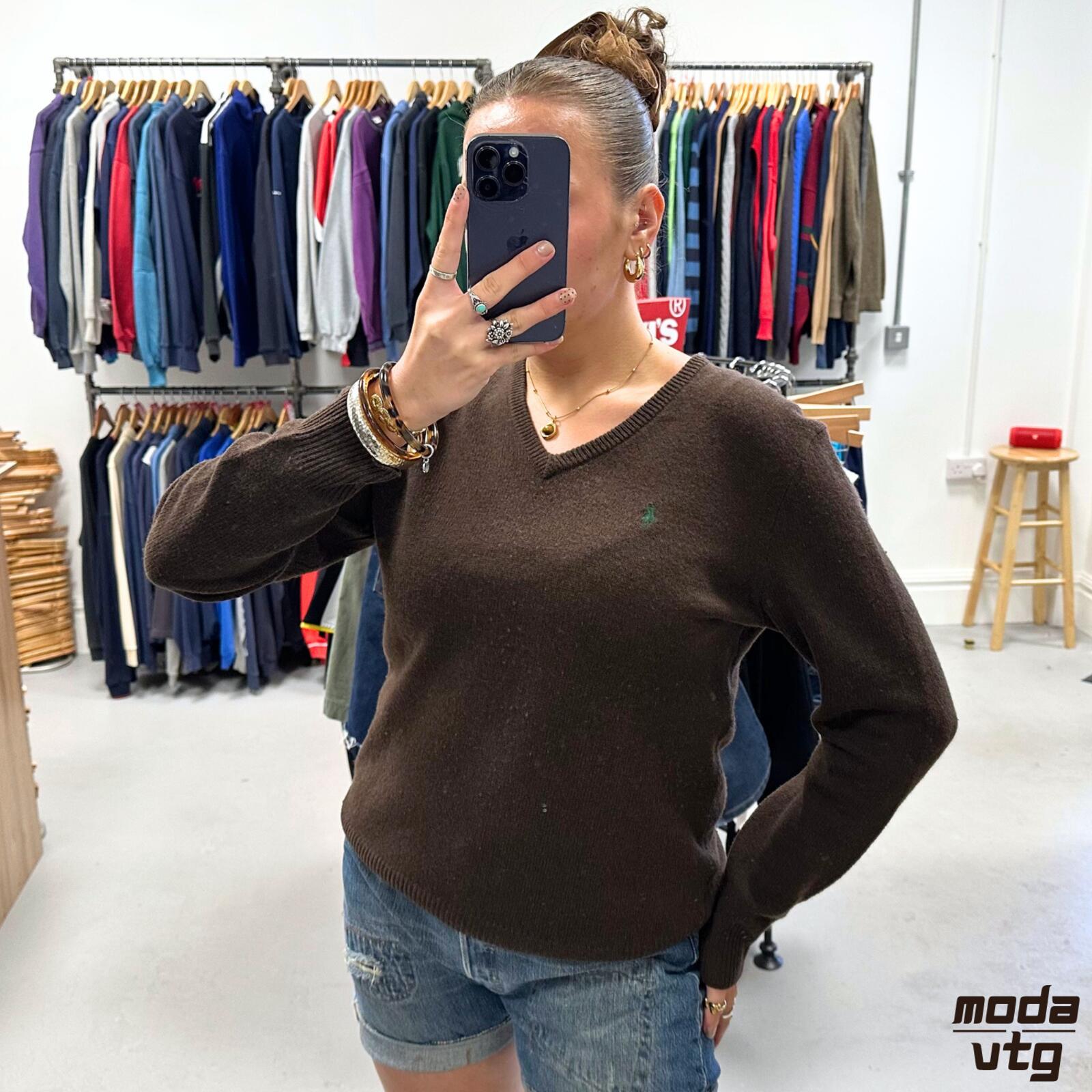 Vintage 90s Ralph Lauren Knitted Jumper Brown Small Unisex Retro Lambs Wool