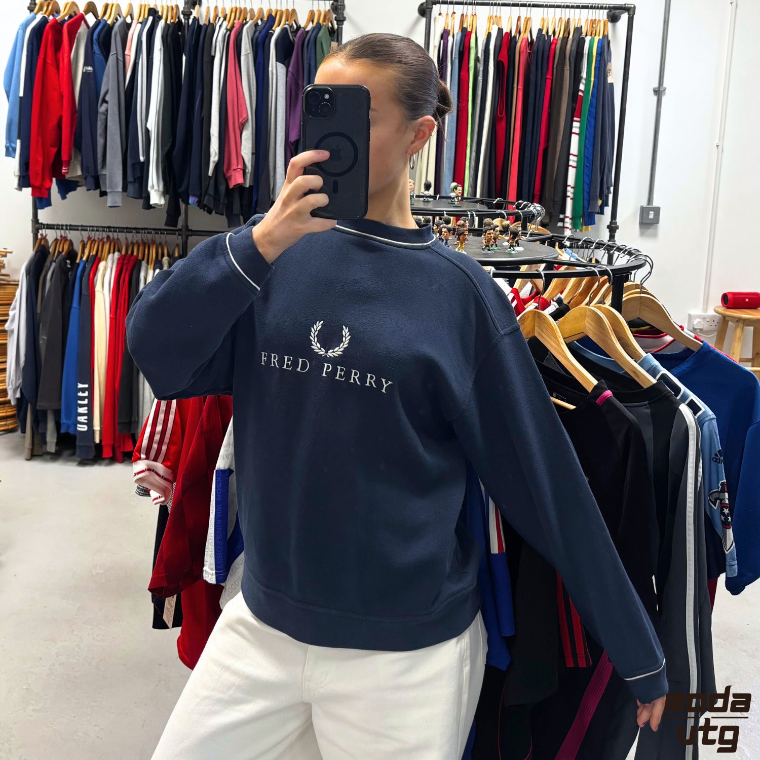 Vintage Y2K Fred Perry Sweatshirt Navy Small Retro Unisex