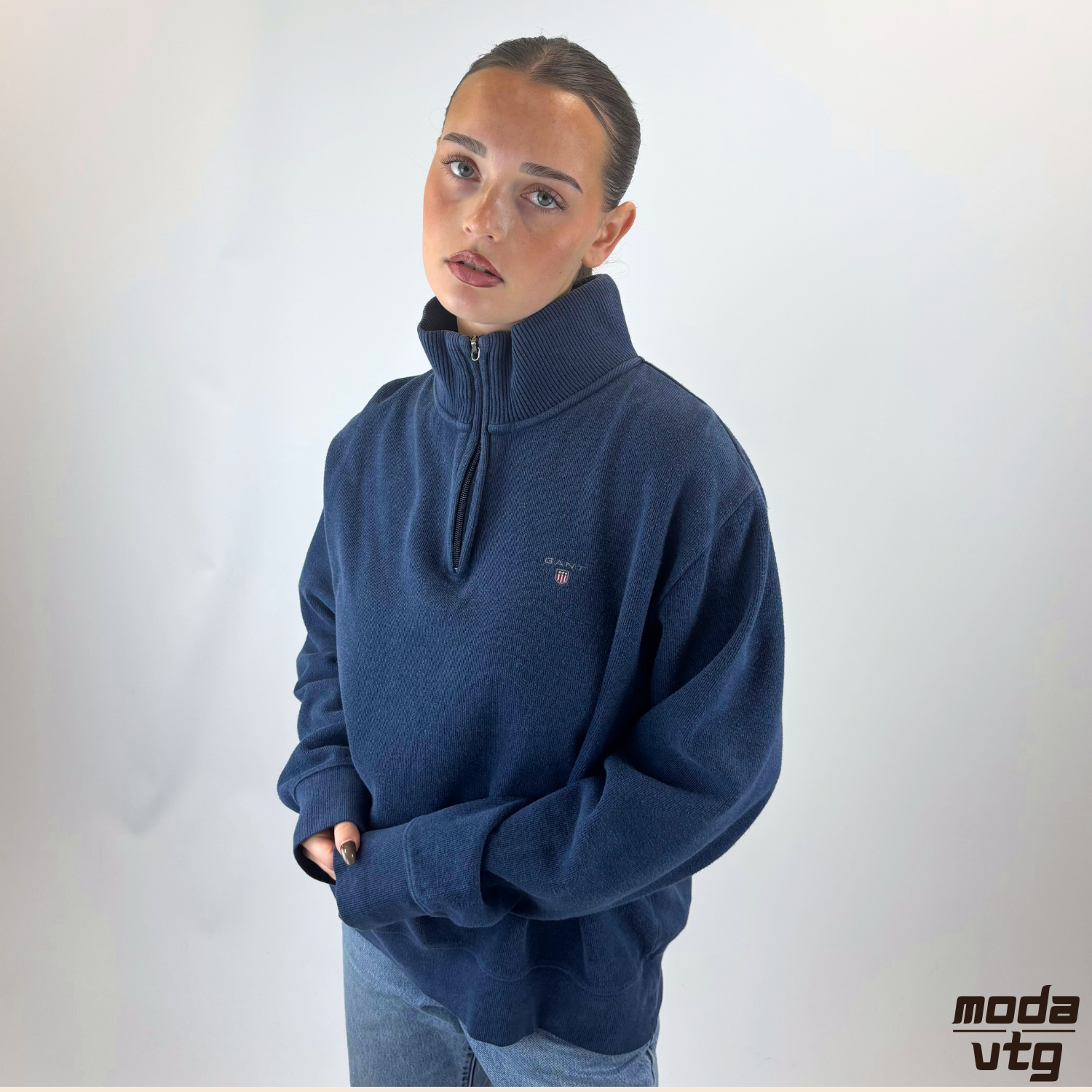 Vintage Y2K GANT Knitted Sweatshirt Blue Large Quarter Zip