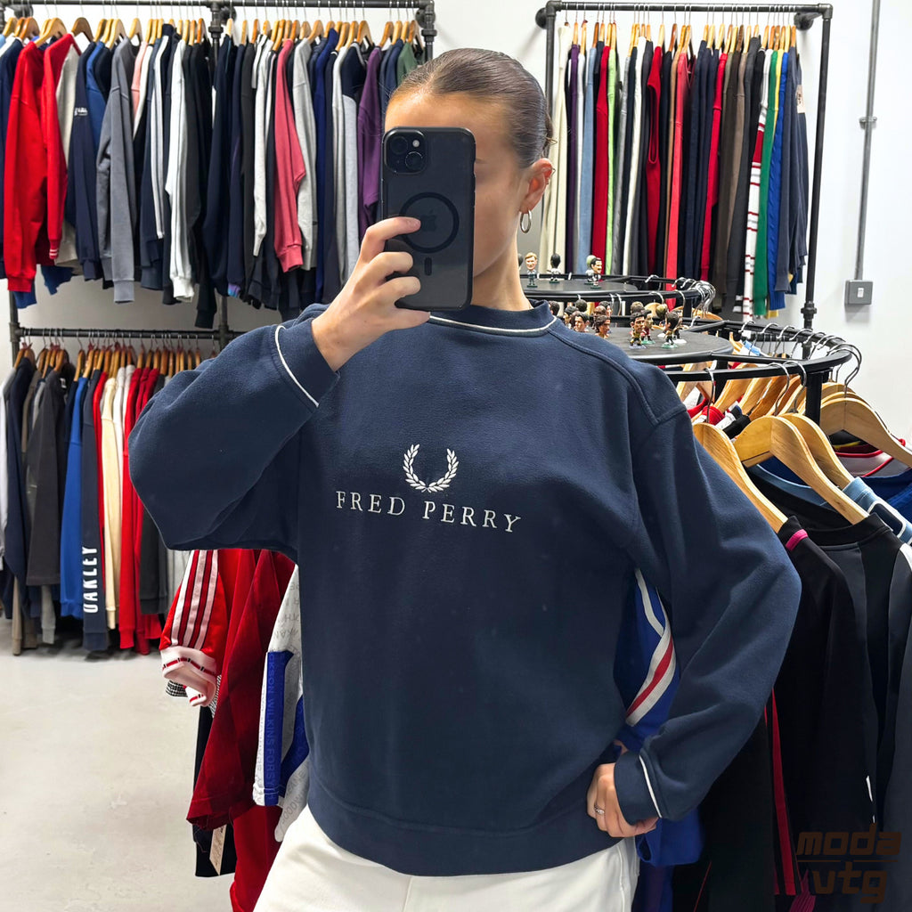Vintage Y2K Fred Perry Sweatshirt Navy Small Retro Unisex