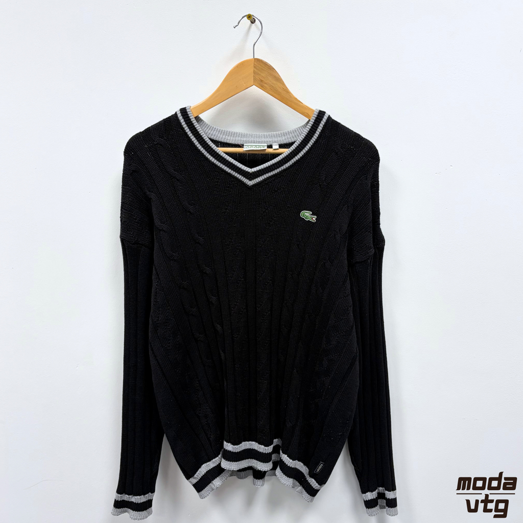 Vintage 90s Lacoste Sport Knitted Jumper Black Small Unisex Cable Retro
