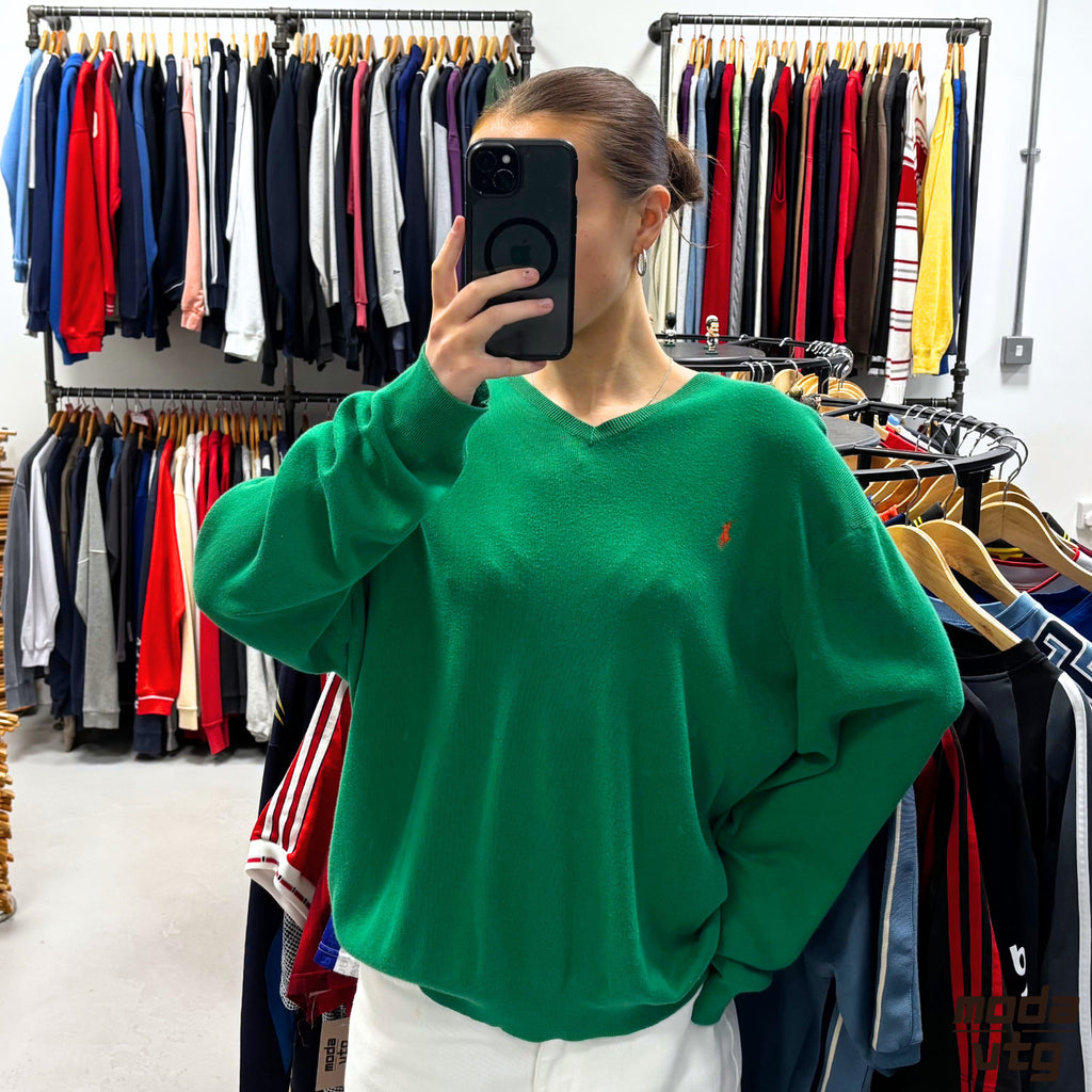 Vintage 90s Ralph Lauren Knitted Jumper Green Large Retro Unisex V-Neck