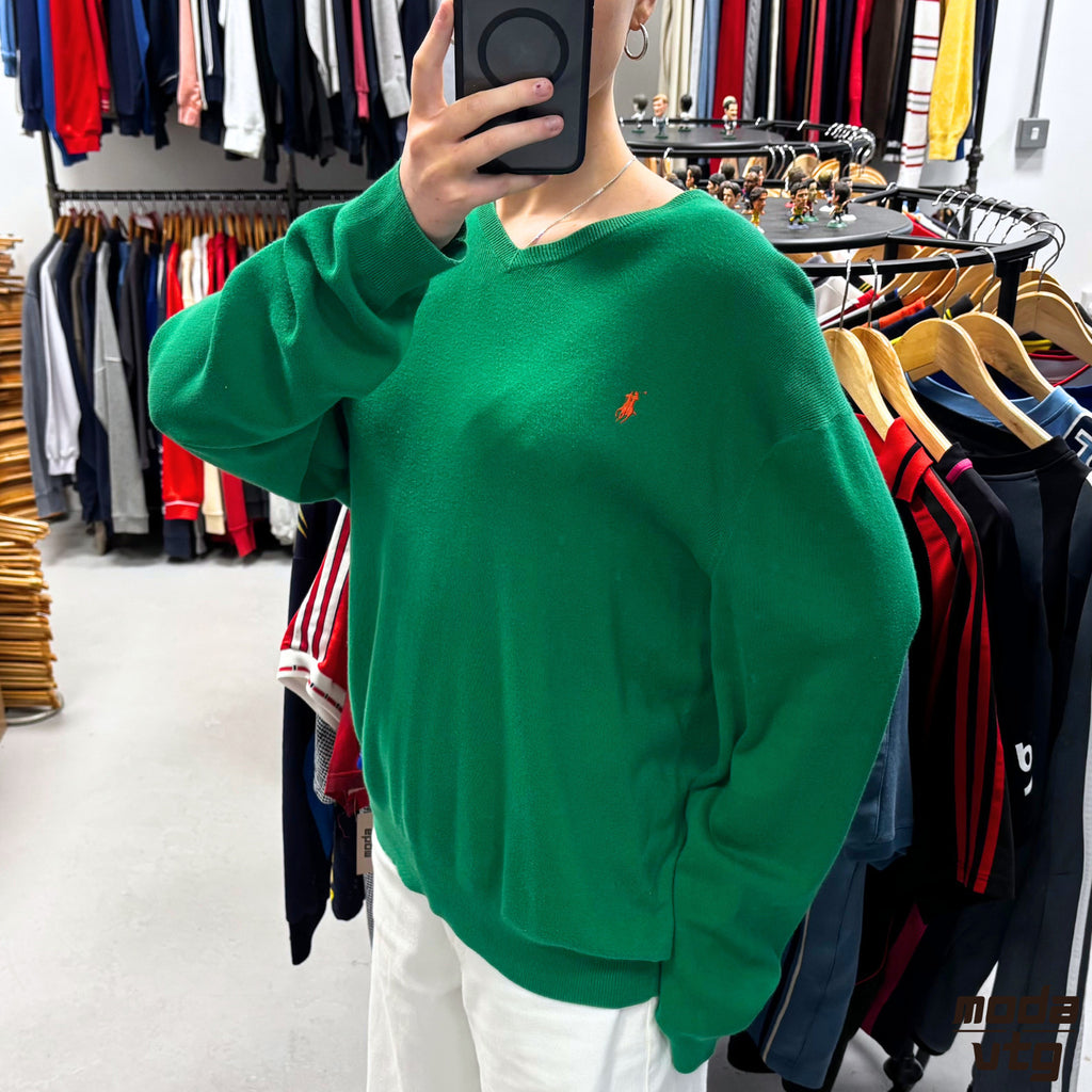 Vintage 90s Ralph Lauren Knitted Jumper Green Large Retro Unisex V-Neck