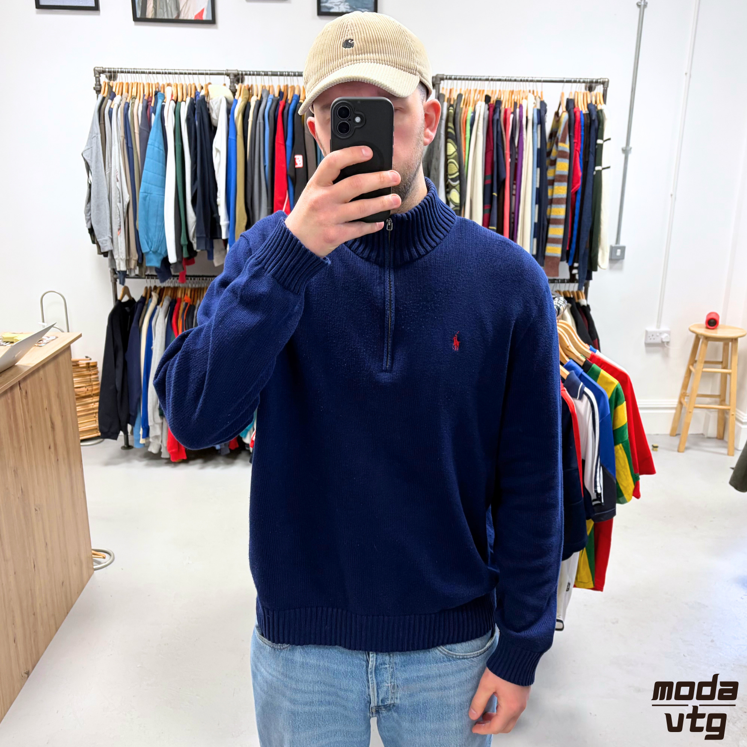 Vintage Y2K Ralph Lauren Knitted Jumper Navy XL Quarter Zip Retro