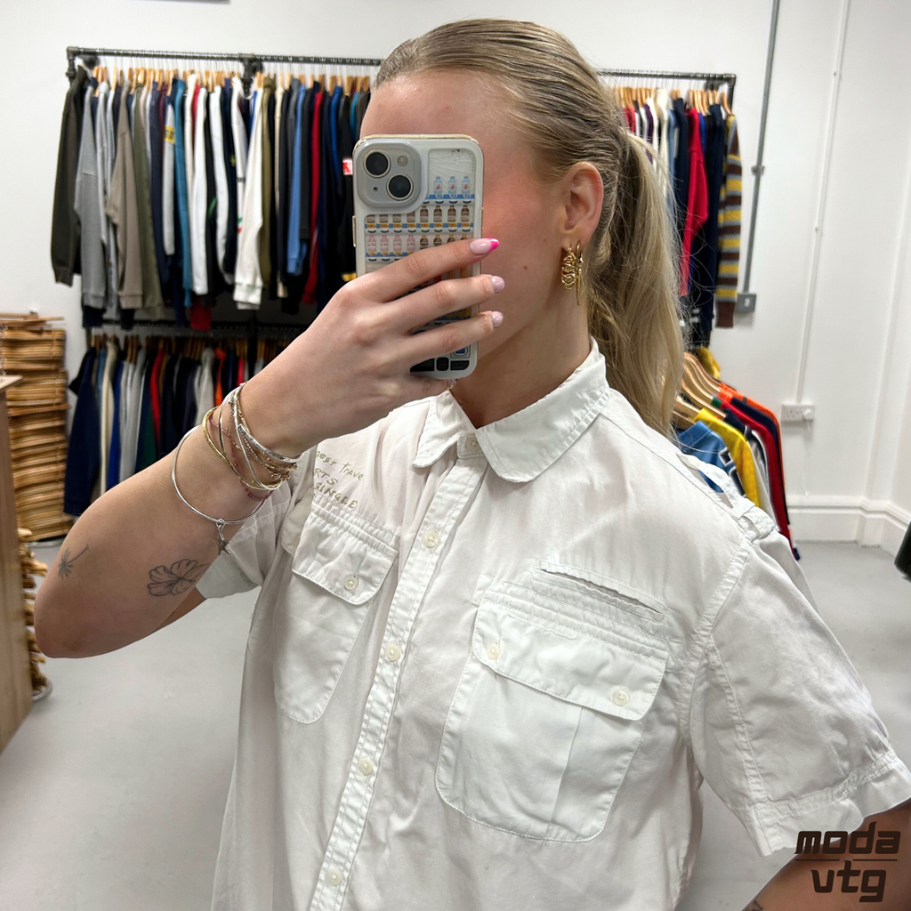 Vintage Y2K Napapijri Shirt White Women’s Large Retro Summer Short Sleeve