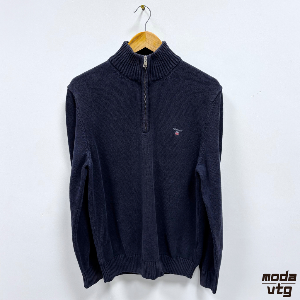 Vintage Y2K GANT Knitted Jumper Navy Large Quarter Zip