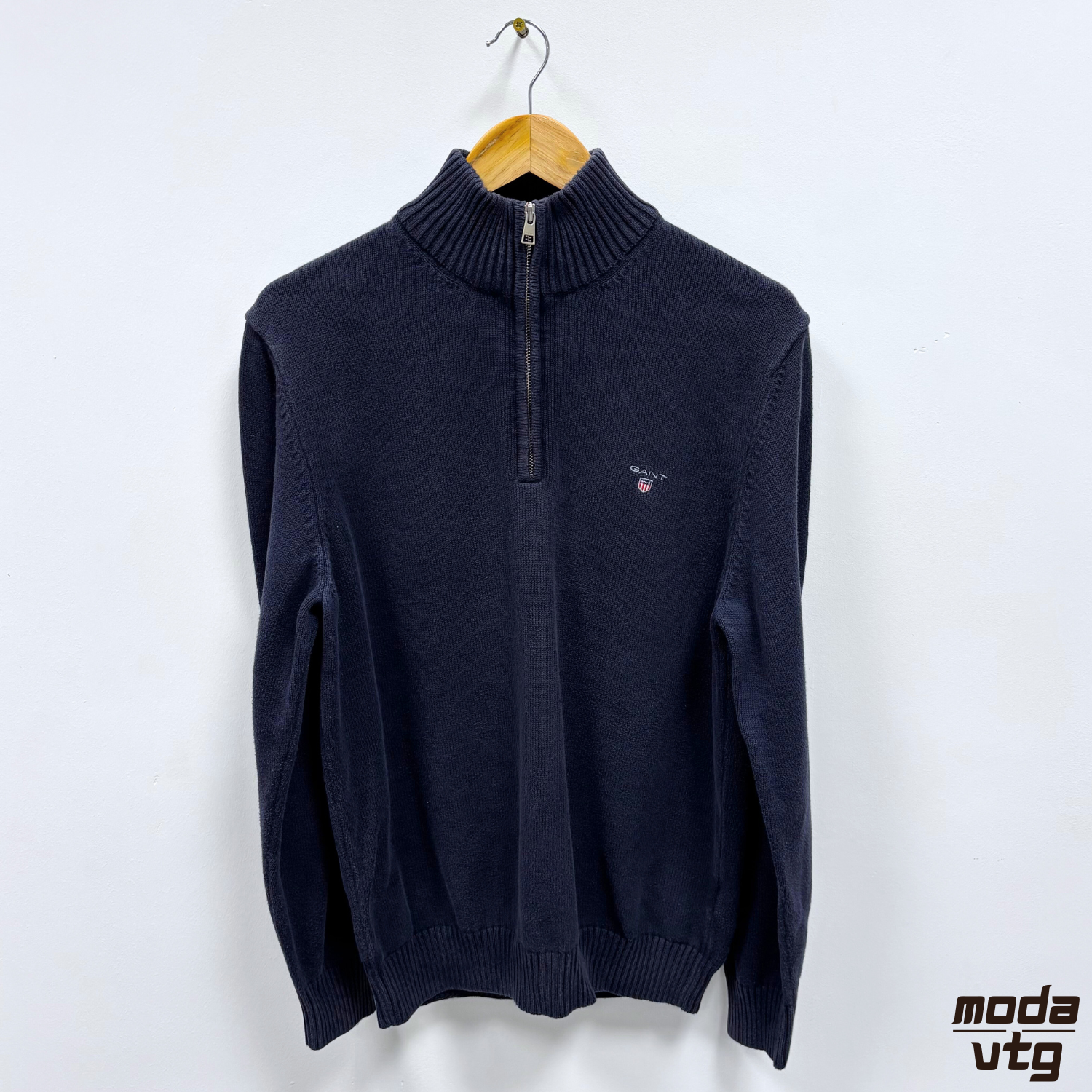 Vintage Y2K GANT Knitted Jumper Navy Large Quarter Zip