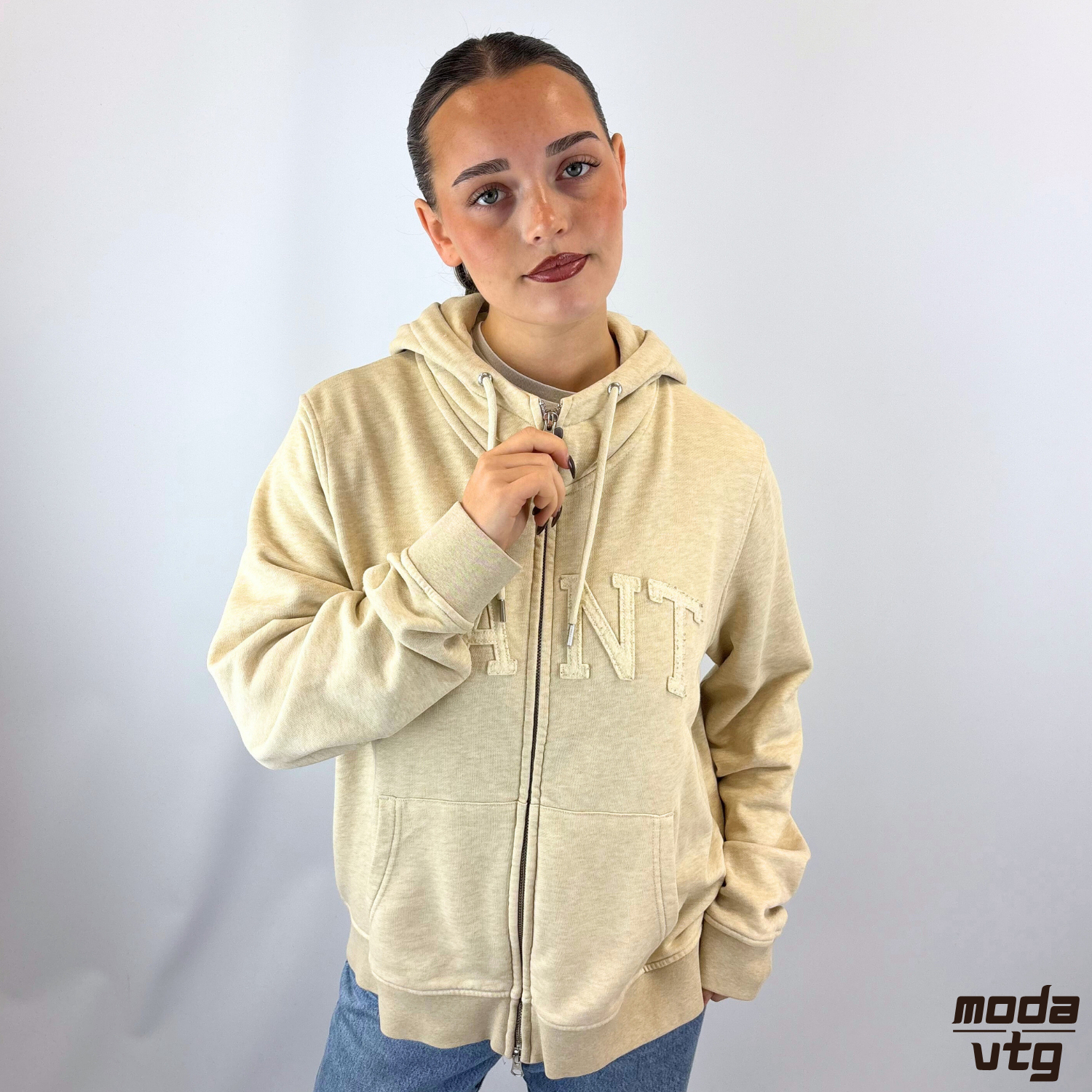 Vintage Y2K GANT Hoodie Beige Small Fill Zip