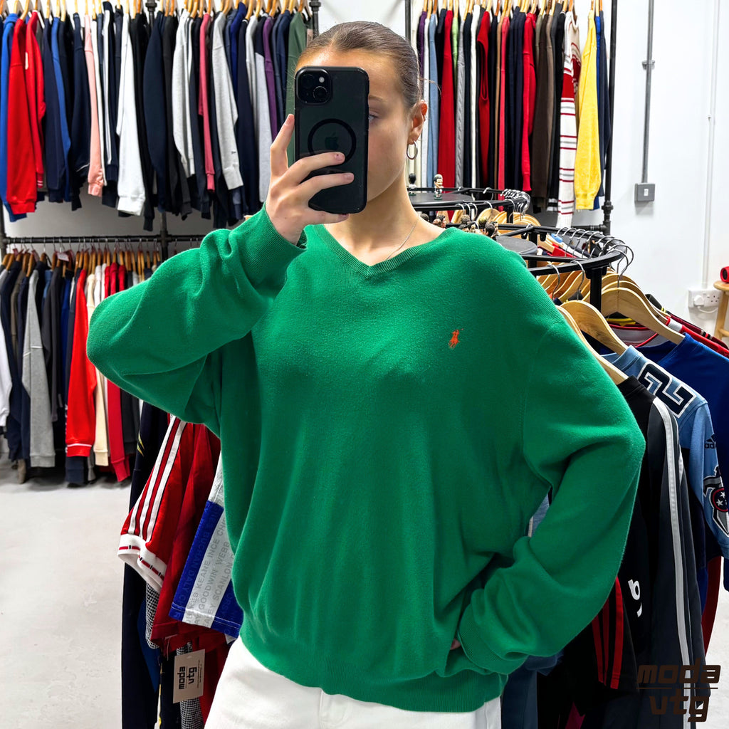 Vintage 90s Ralph Lauren Knitted Jumper Green Large Retro Unisex V-Neck