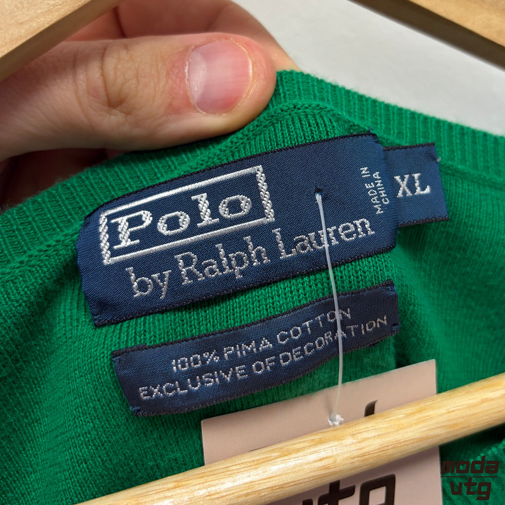 Vintage 90s Ralph Lauren Knitted Jumper Green Large Retro Unisex V-Neck
