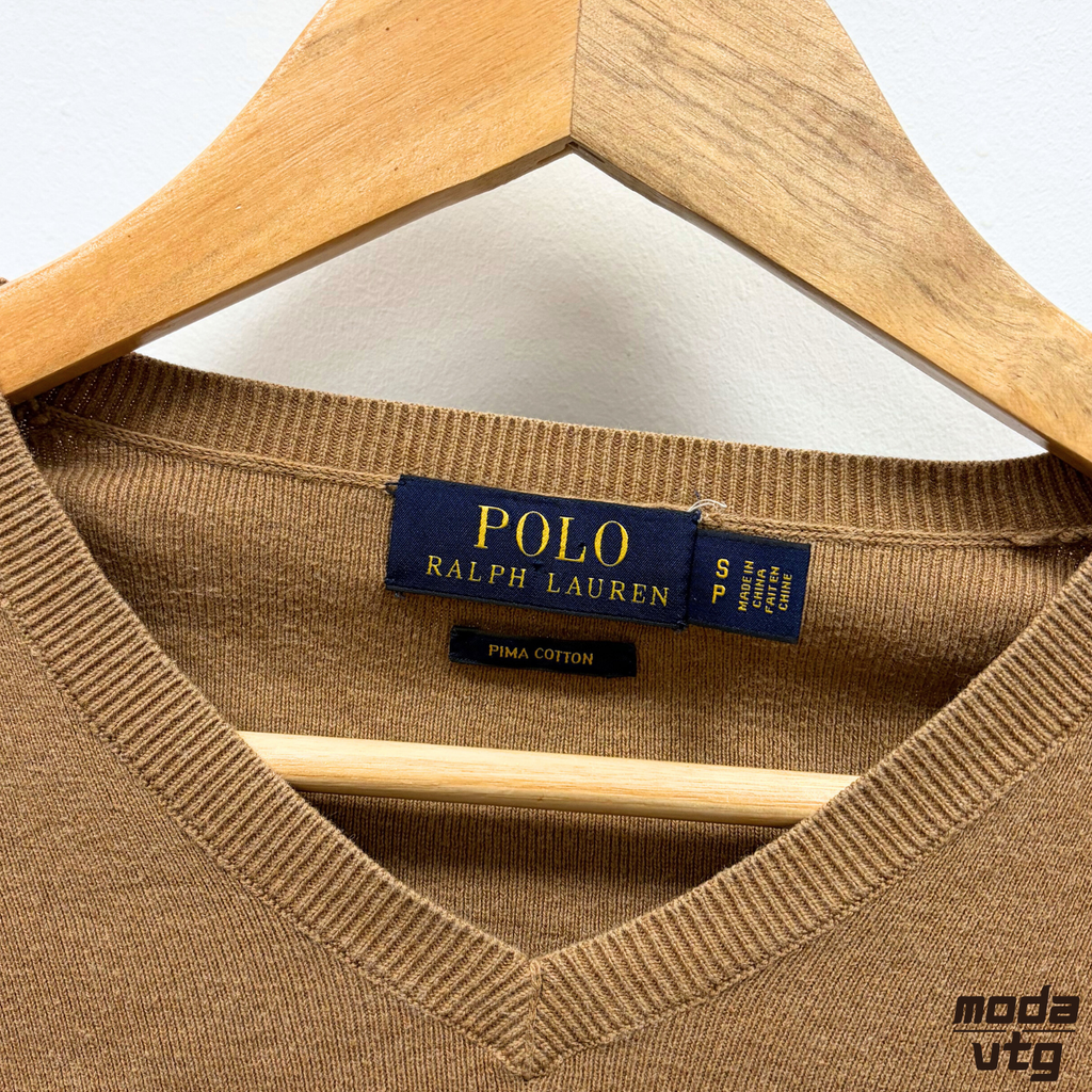 Vintage Y2K Ralph Lauren Knitted Jumper Brown Small Unisex Retro Lightweight Pim