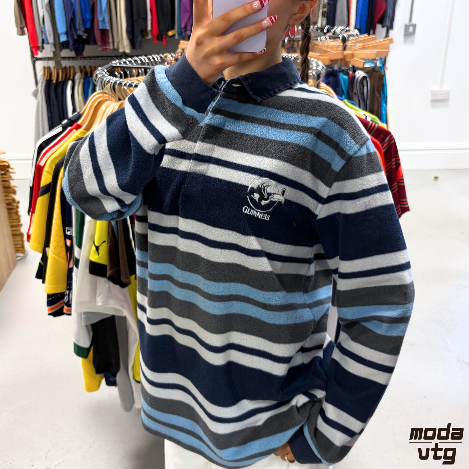 Vintage Y2K Guinness Fleece Blue Large Striped Unisex Retro Rugby Style