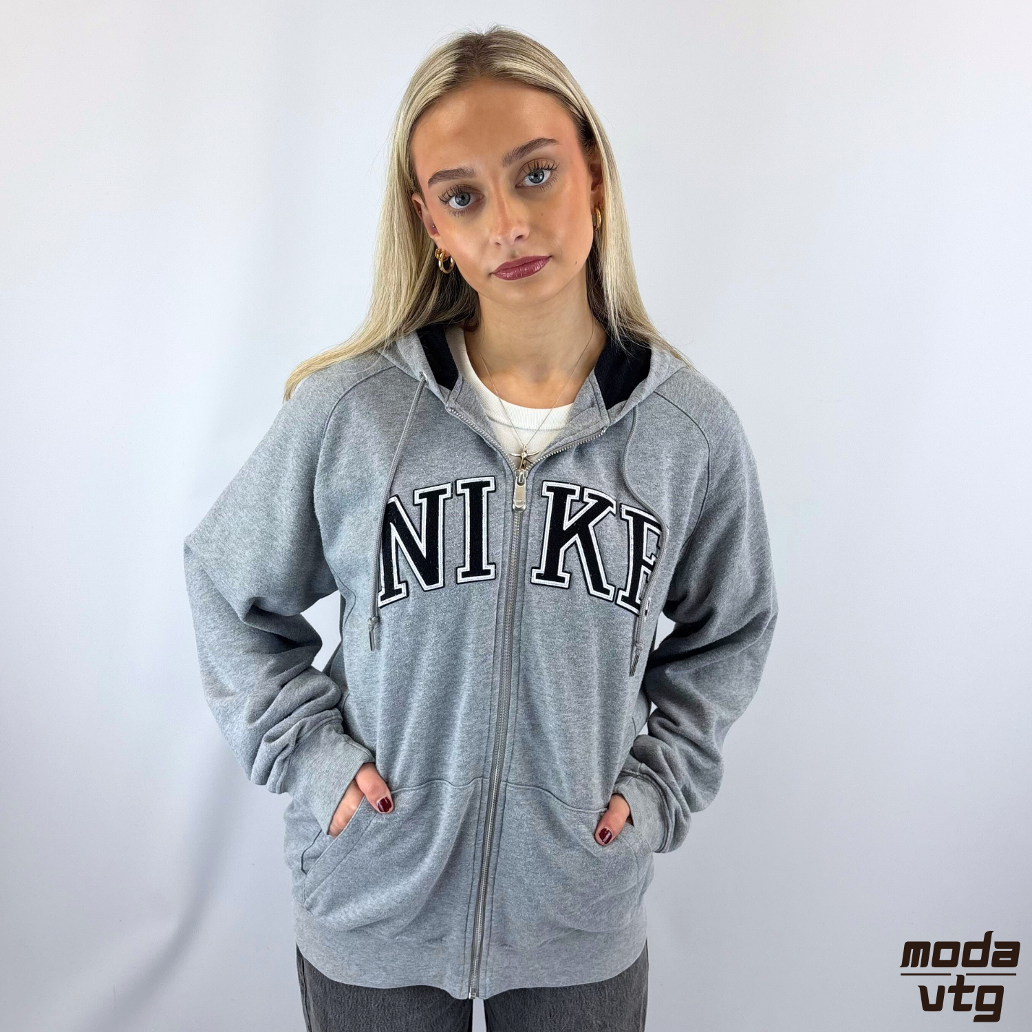 Vintage Y2K Nike Hoodie Grey Large Full Zip