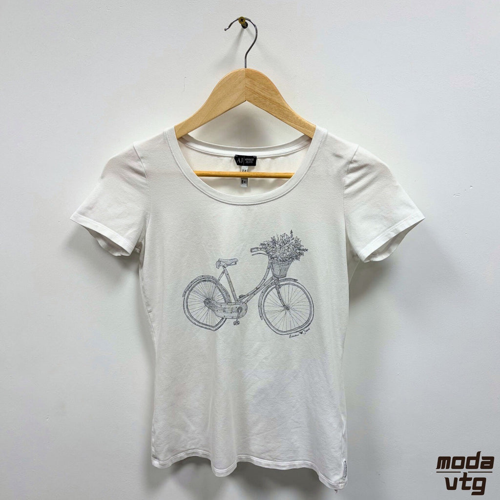 Armani Jeans T-Shirt White Womens Small Y2K Vintage Retro Summer Printed Design