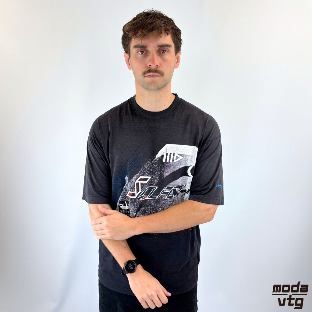 Vintage 90s Adidas T-Shirt Black Large Squash Graphic