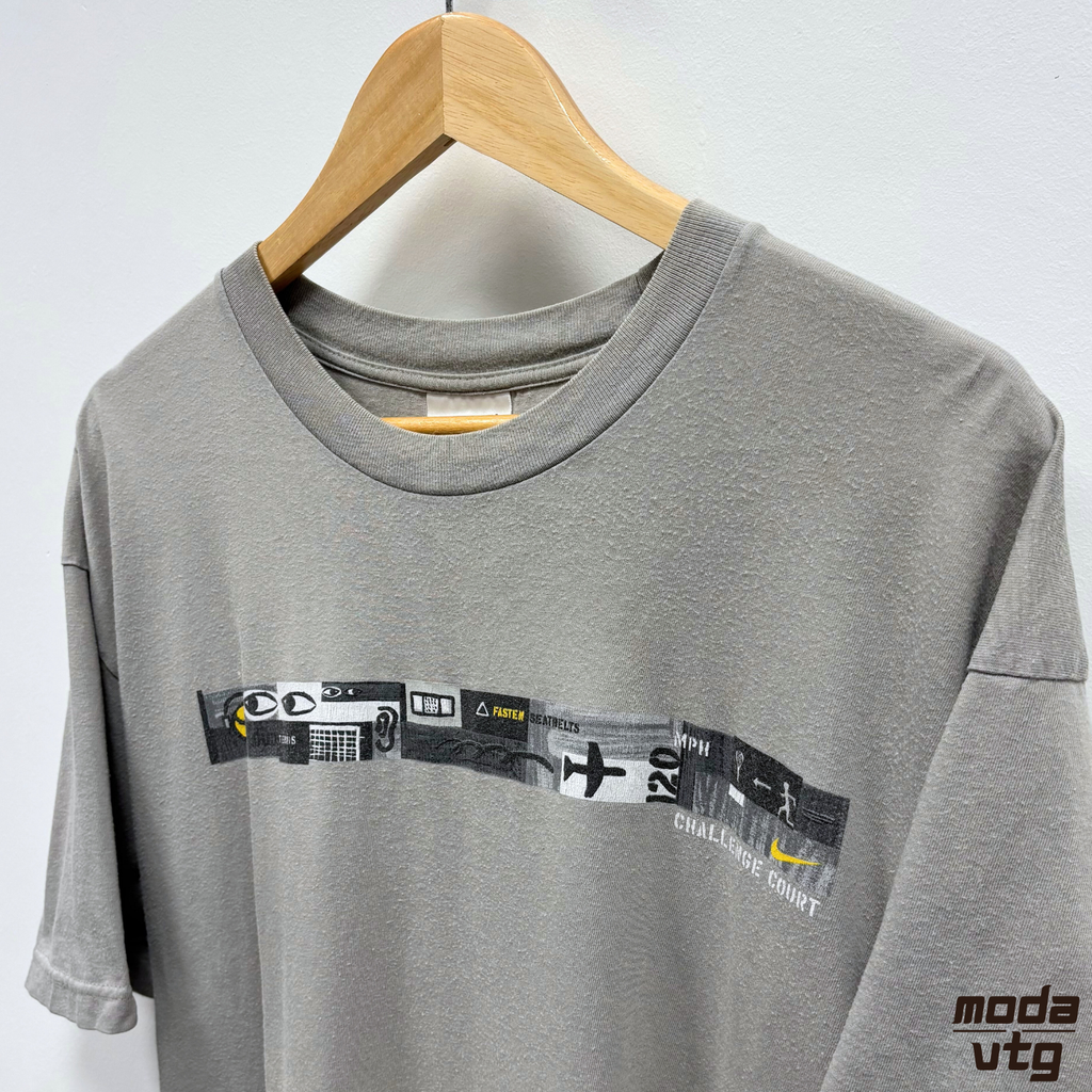 Vintage 90s Nike Challenge Court Grey T-Shirt Large Summer Holiday Graphic