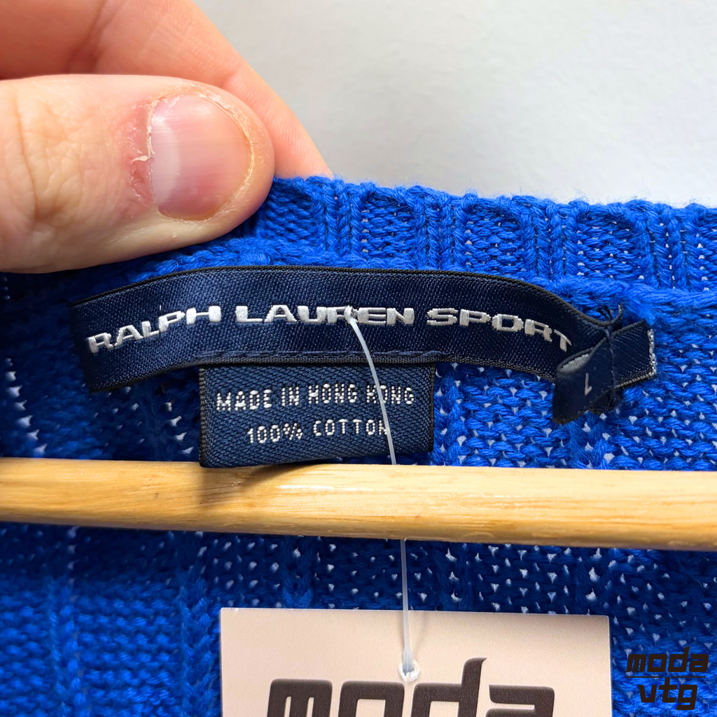 Vintage Y2K Ralph Lauren Knitted Jumper Blue Women’s Medium Cable V-Neck