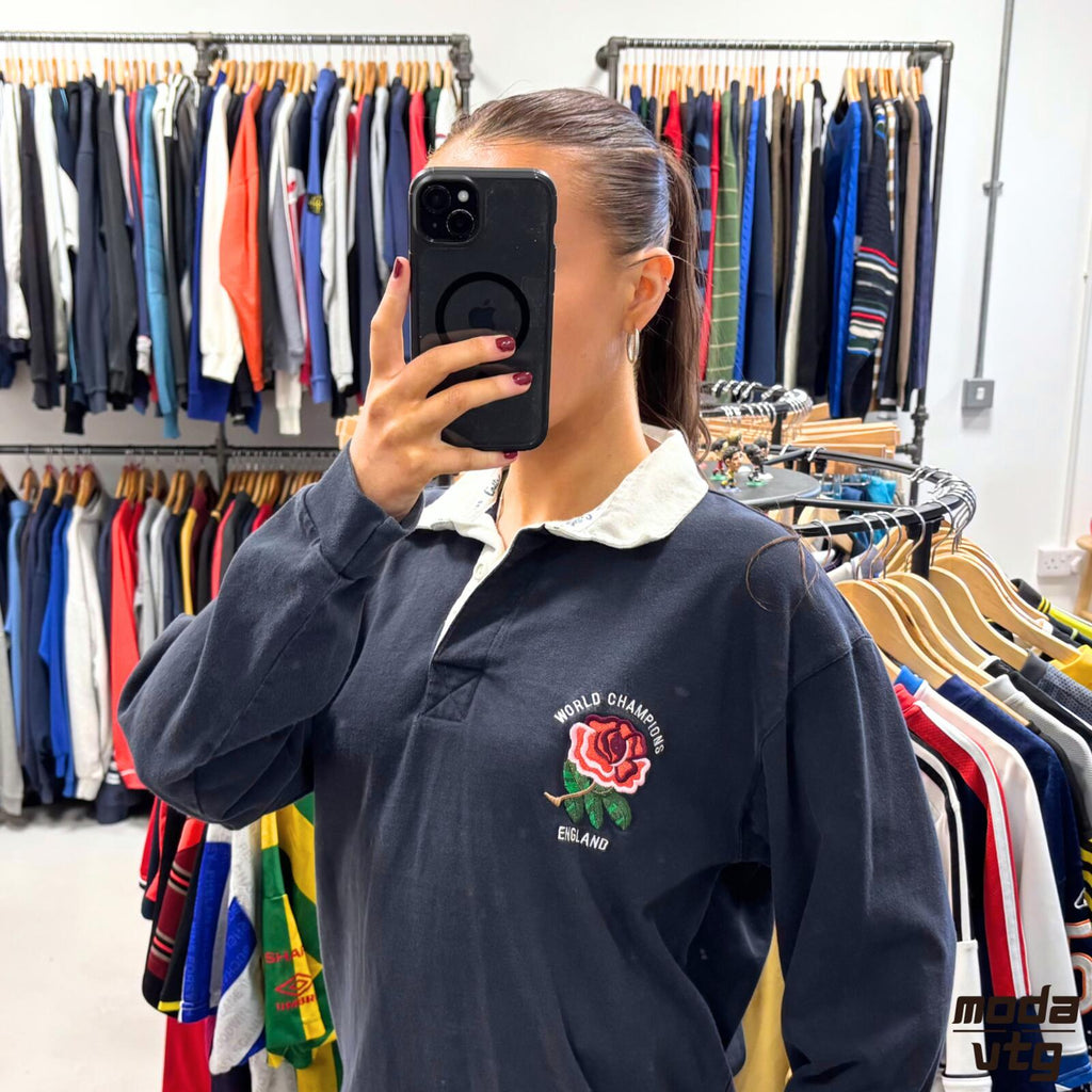 Vintage Y2K England Rugby Polo Navy Medium Cotton Traders Retro Unisex