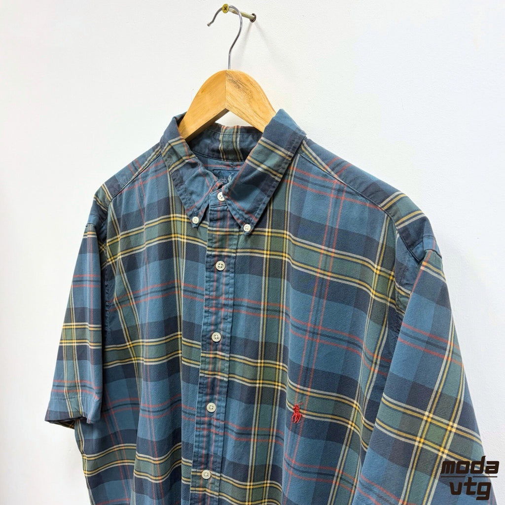 Ralph Lauren Button-Up Shirt Blue XL Plaid Short Sleeve Classic Fit Button-Down