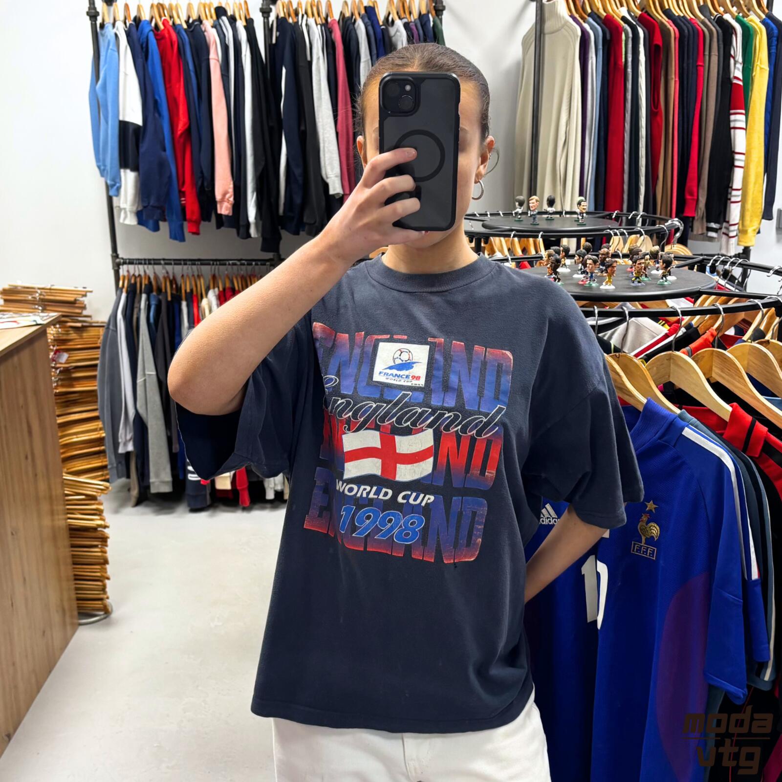 Vintage 1998 England T-Shirt Navy Large Retro Unisex World Cup