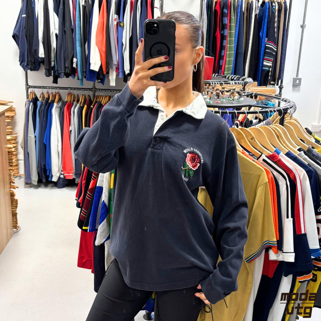 Vintage Y2K England Rugby Polo Navy Medium Cotton Traders Retro Unisex