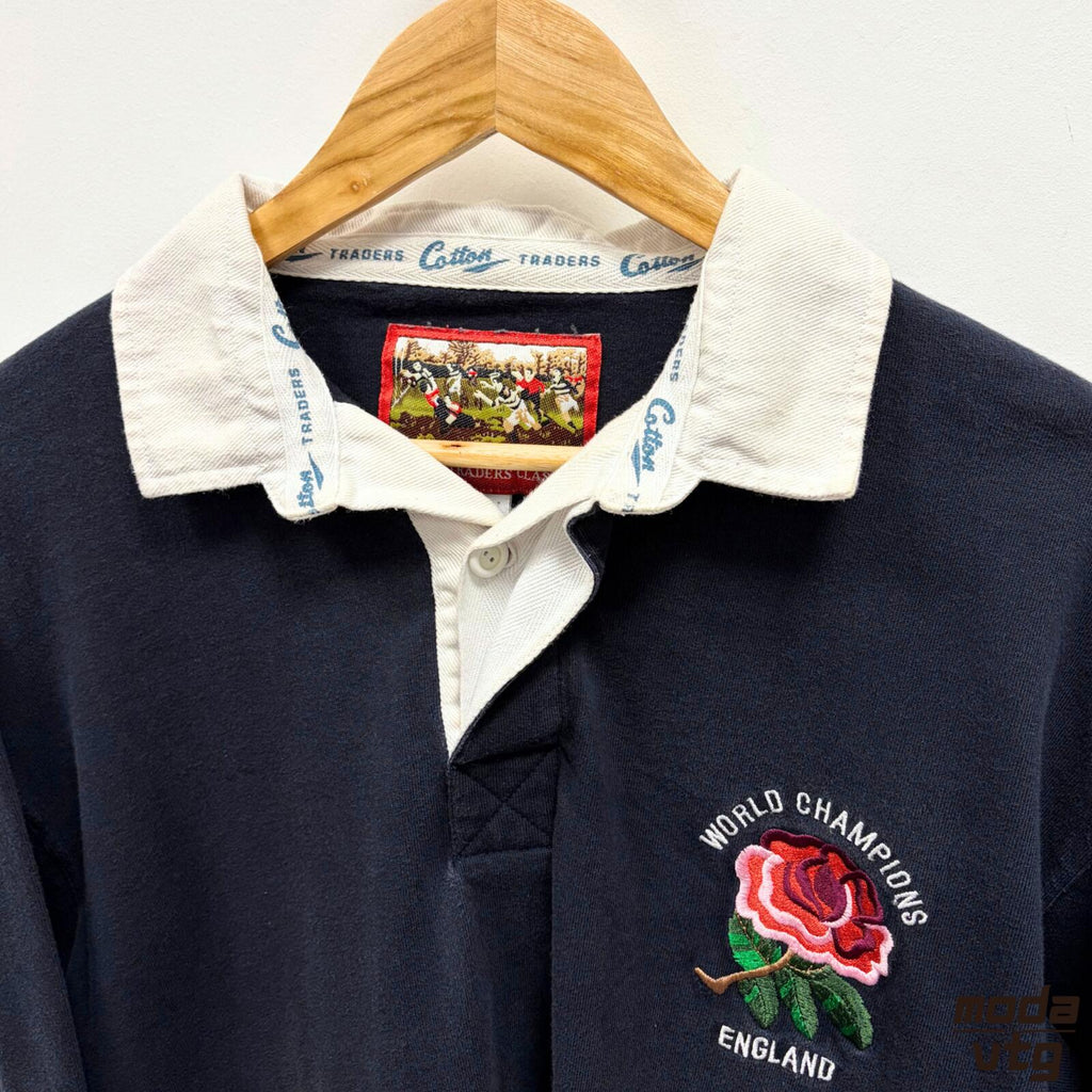 Vintage Y2K England Rugby Polo Navy Medium Cotton Traders Retro Unisex