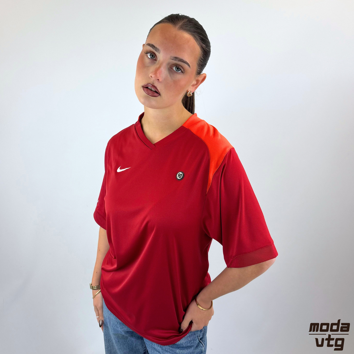 Vintage Y2K Nike T90 Sportswear T-Shirt Red Small Total 90 Gym Football