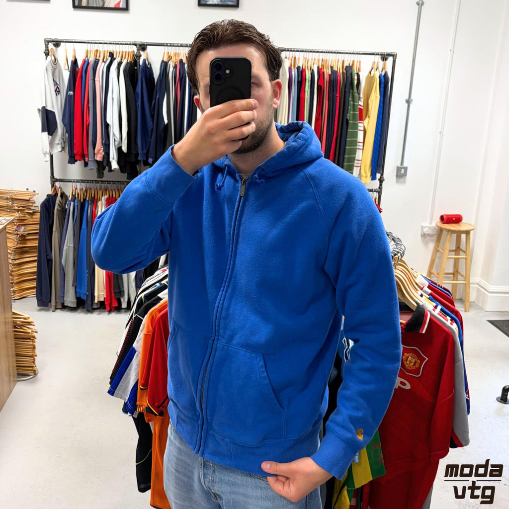 Vintage Y2K Carhartt Hoodie Blue Large Retro Unisex Full Zip