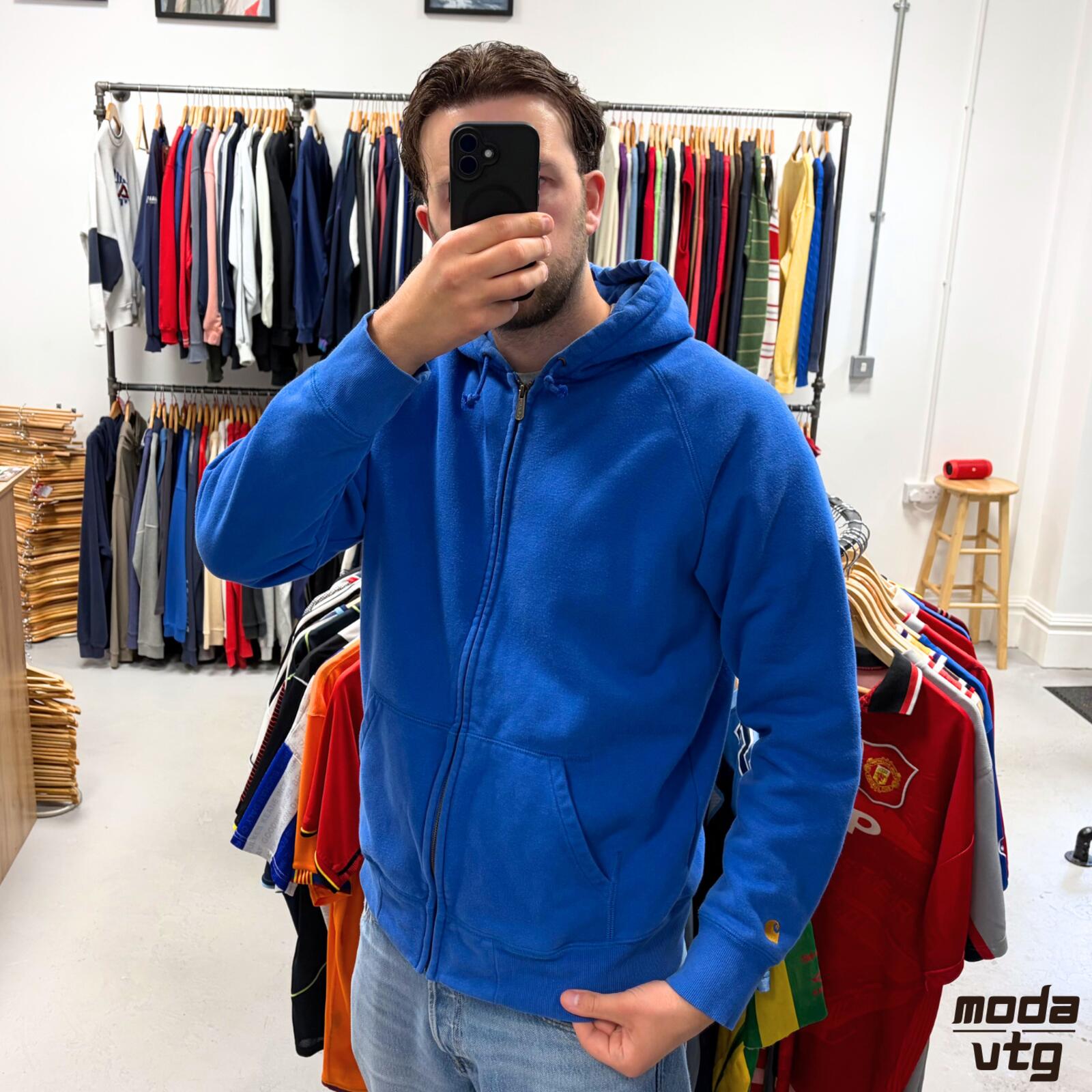 Vintage Y2K Carhartt Hoodie Blue Large Retro Unisex Full Zip