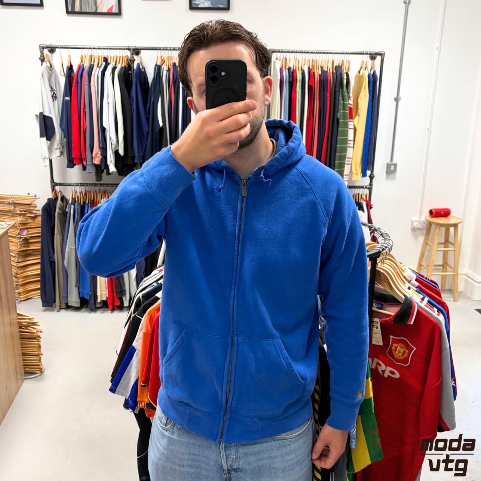 Vintage Y2K Carhartt Hoodie Blue Large Retro Unisex Full Zip