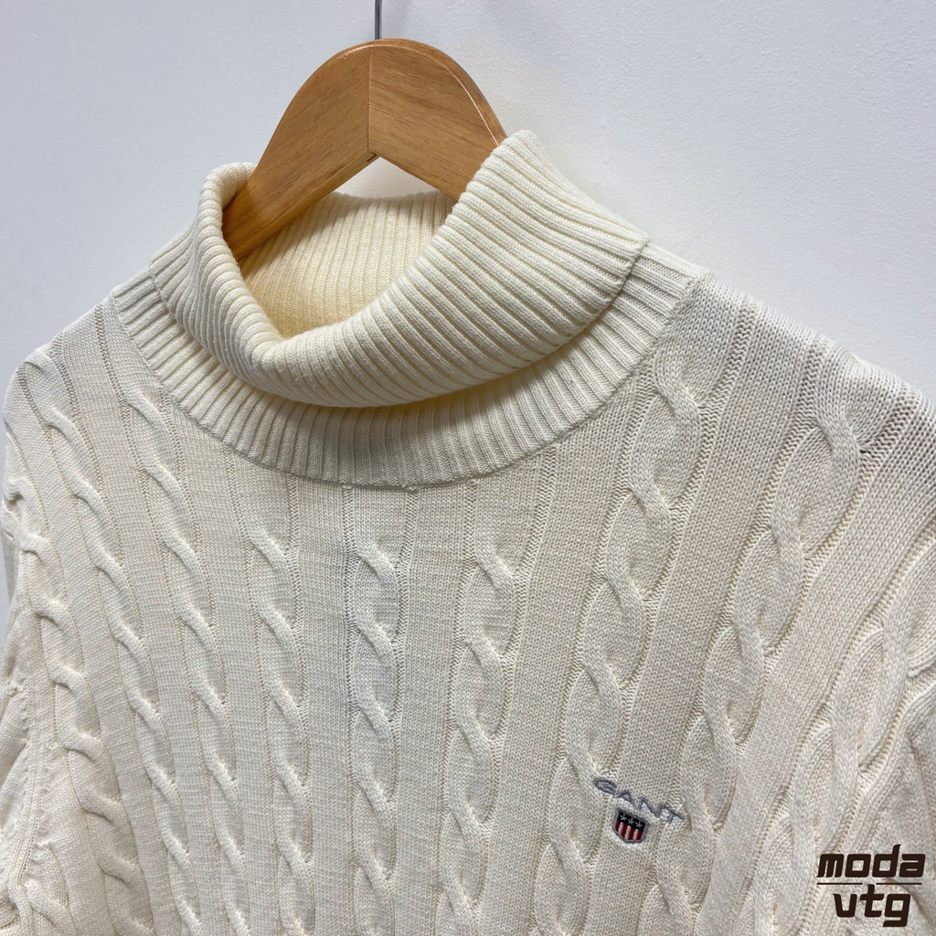 Vintage Y2K GANT Knitted Jumper Beige Medium Cable Turtle Neck