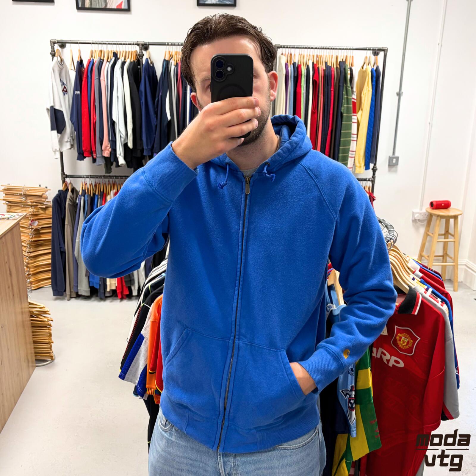 Vintage Y2K Carhartt Hoodie Blue Large Retro Unisex Full Zip